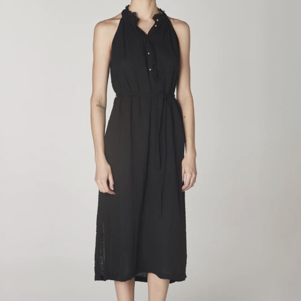 Raquel Allegra Black Halter Midi Dress - Luxury Designer Ruffle Spring Summer